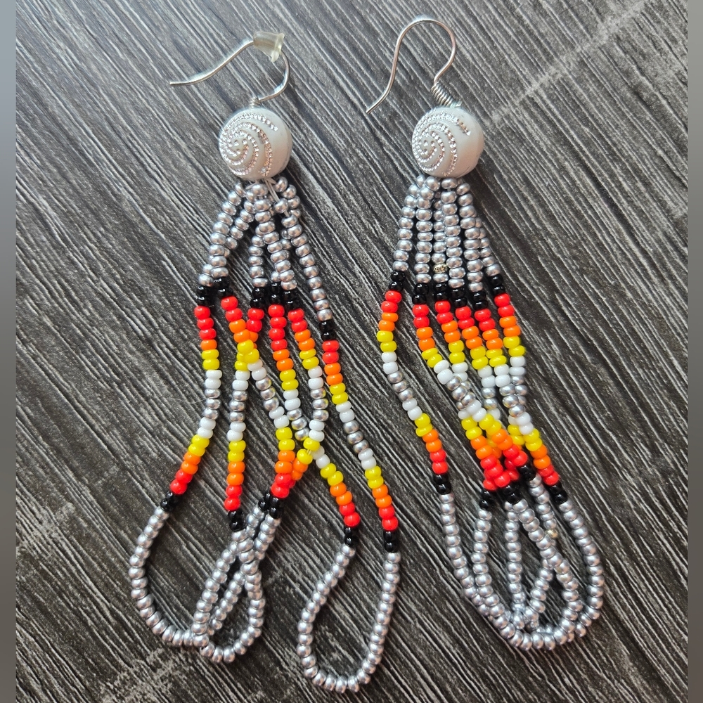 Handmade Beaded Earrings Silver,Orange,Yellow, White & Black